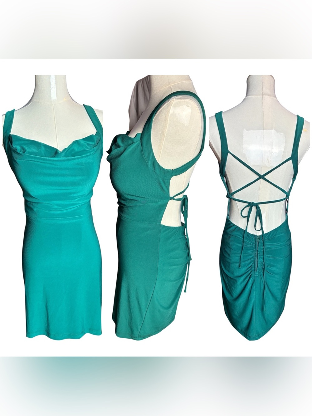 B Darlin Emerald Green Cowl Neck Lace-Up Back Mini Dress